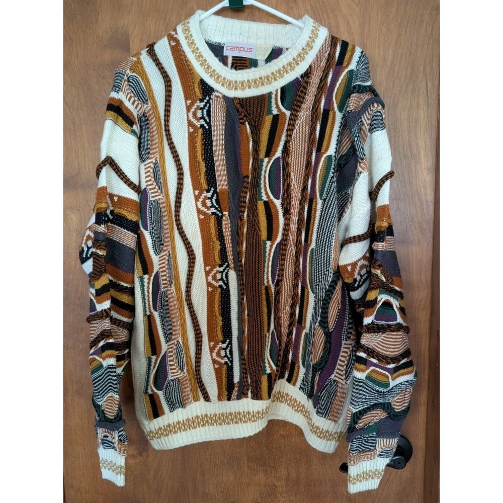 Vtg Mens Colorful Textured 3D Knit Sweater Sz L 90s Rare Pattern Campus USA